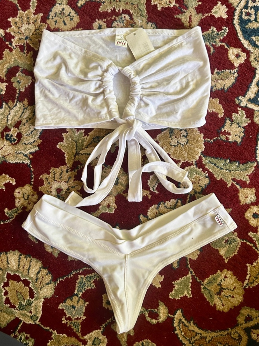 White Ruched Tie-Front Bandeau & cheeky bottom. Top NWT. Bottom NWOT